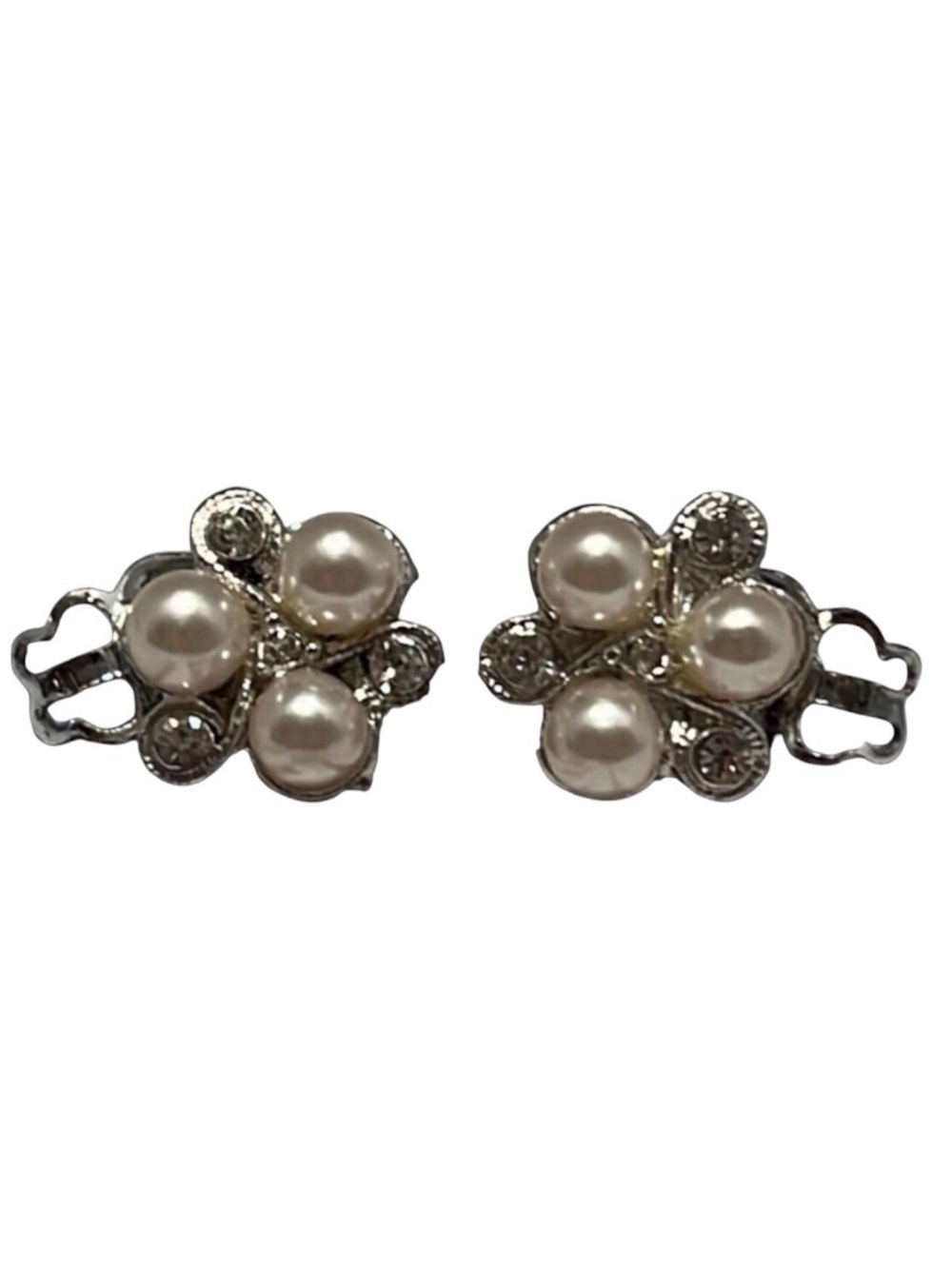 Mara Silver Tone Faux Pearls and Rhinestones CLIP Earrings